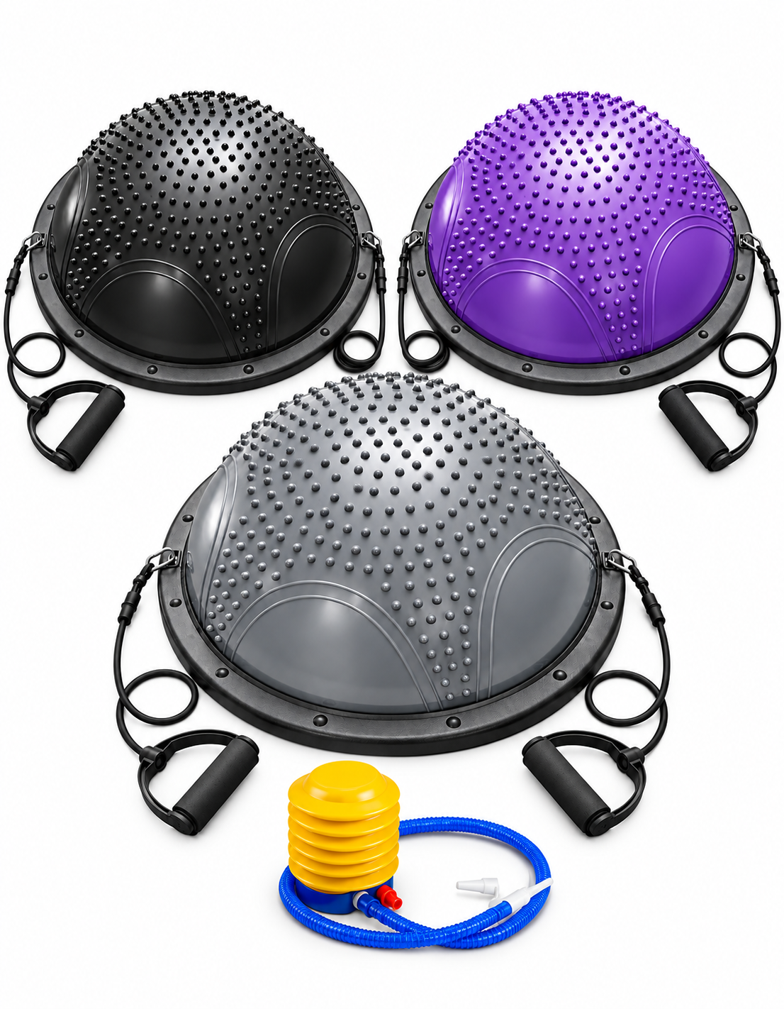 Bosu con Textura de Masaje  58cm y Ligas de Resistencia (Semiesfera de Equilibrio)